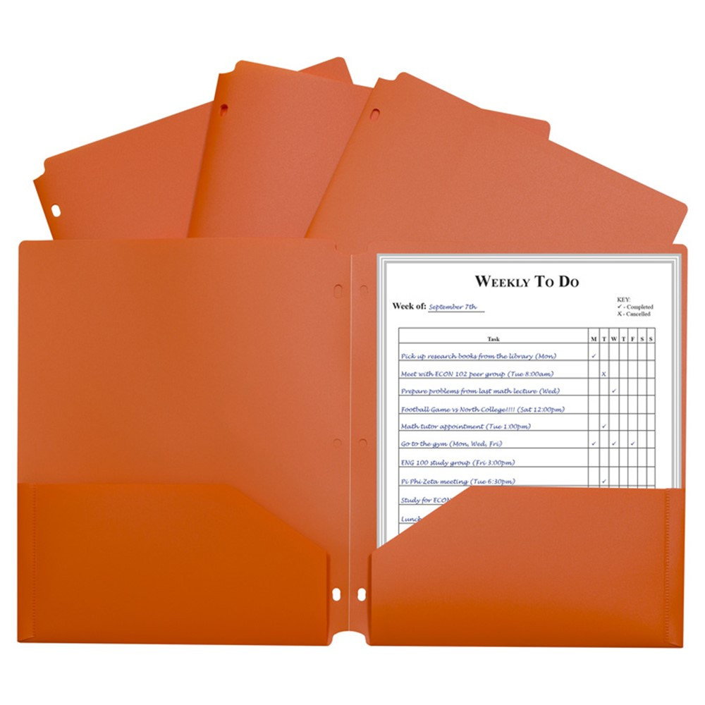CLI33932 - 2 Pocket Poly Portfolio Orange W/ 3 Hole Punch in Folders