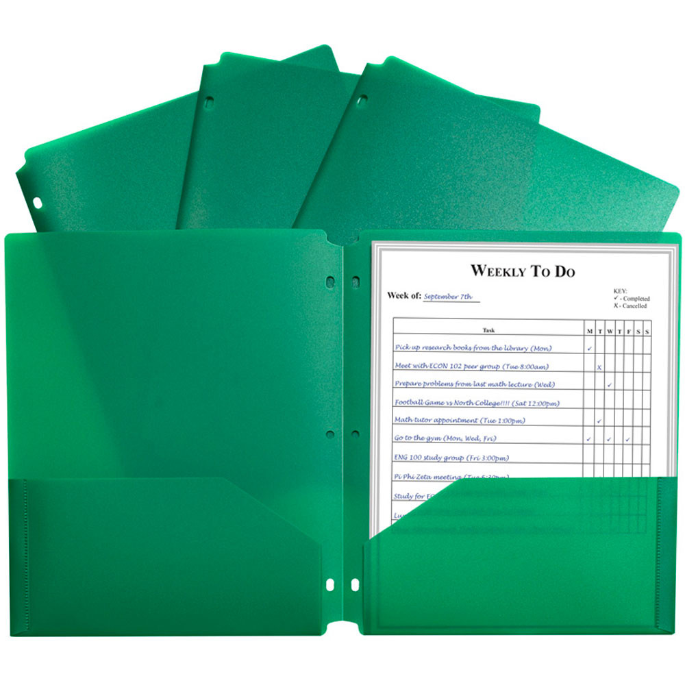 CLI33933 - 2 Pocket Poly Portfolio Green W/ 3 Hole Punch in Folders