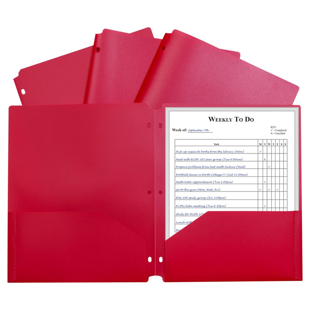CLI33934 - 2 Pocket Poly Portfolio Red W/ 3 Hole Punch in Folders