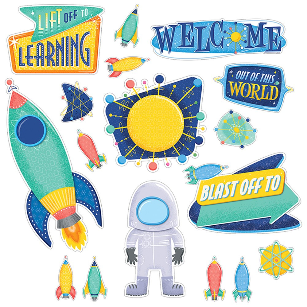 CTP8421 - Midcentury Mod Lift Off Learnig Bulletin Board Set in Classroom Theme