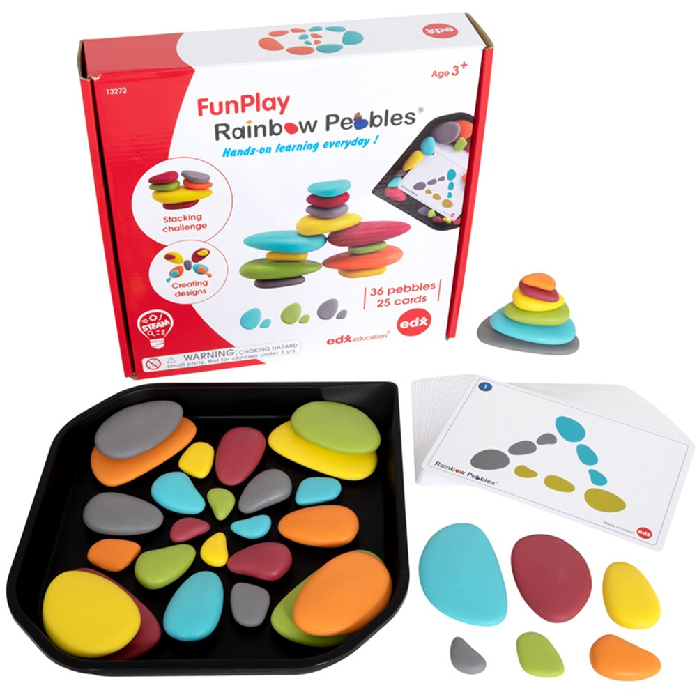 FunPlay Rainbow Pebbles - Homeschool Kit for Kids - 36 Sorting and Stacking Toys + 50 Activities + Messy Tray - CTU13272 | Learning Advantage | Sorting
