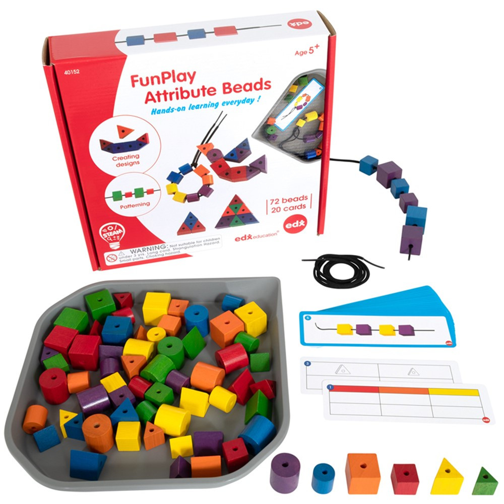 FunPlay Attribute Beads - Homeschool Kit for Kids - 72 Wooden Lacing Beads + 2 Laces + 40 Activities + Messy Tray - CTU40152 | Learning Advantage | Lacing