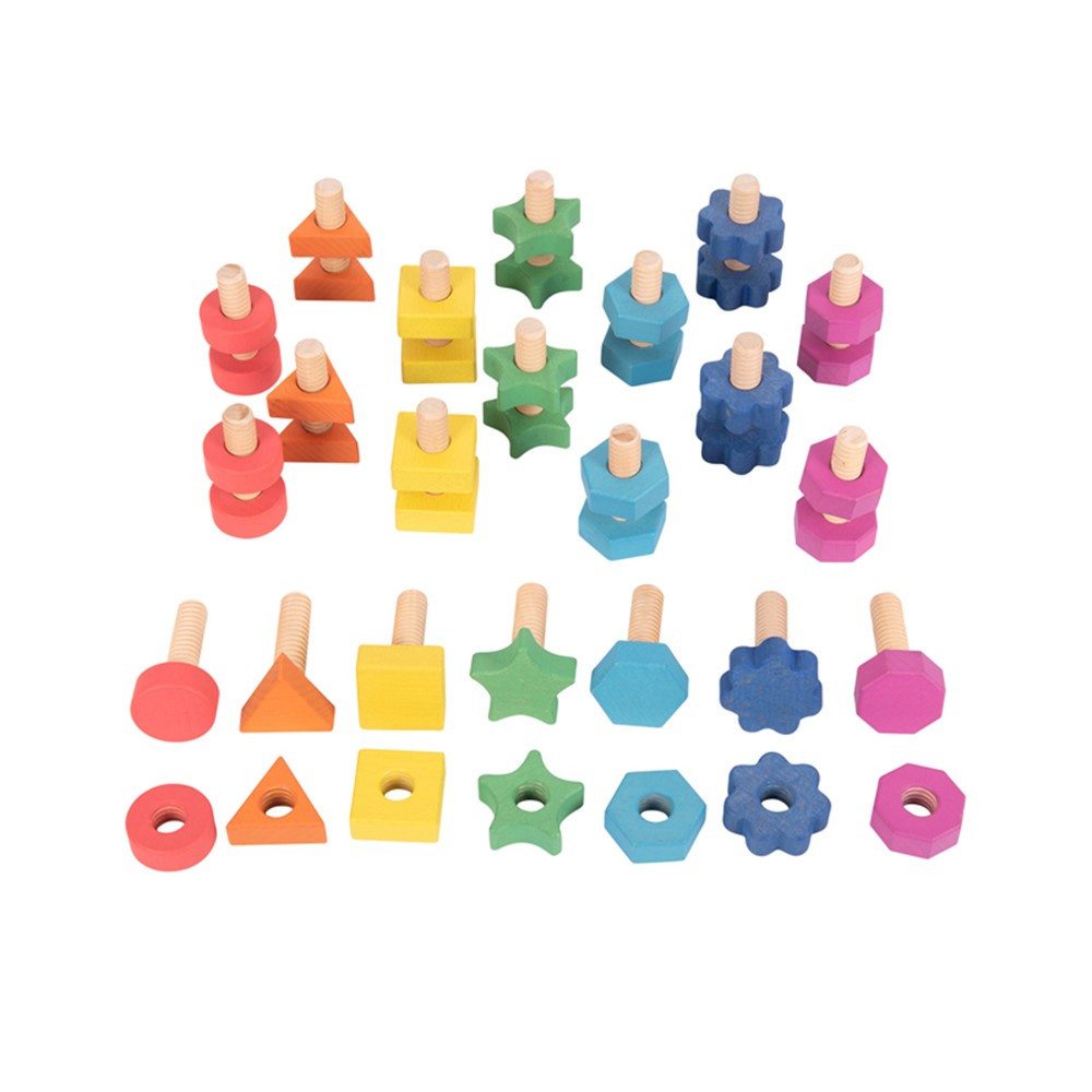 Rainbow Wooden Nuts & Bolts - Set of 21 Pairs - 7 Shapes and Colors - For Ages 12m+ - Loose Parts Wooden Toys for Toddlers and Preschoolers - CTU73999 | Learning Advantage | Hands-On Activities