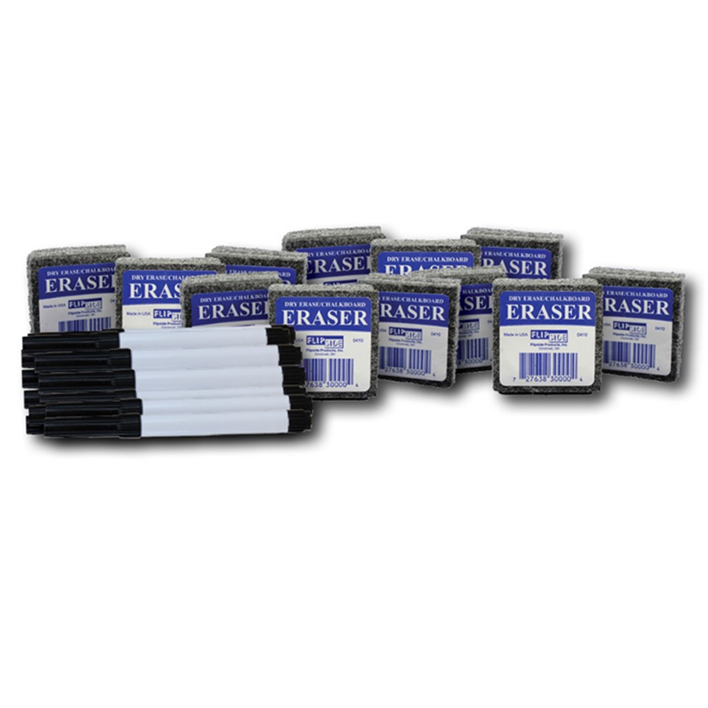 Class Pack of 12 Erasers & 12 Black Markers - FLP19793 | Flipside | Markers
