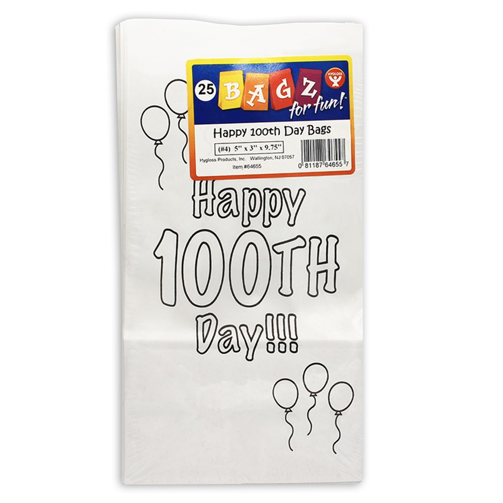 Happy 100th Day Paper Bags, 5" x 3" x 9.75", Pack of 25 - HYG64655 | Hygloss Products Inc. | Craft Bags