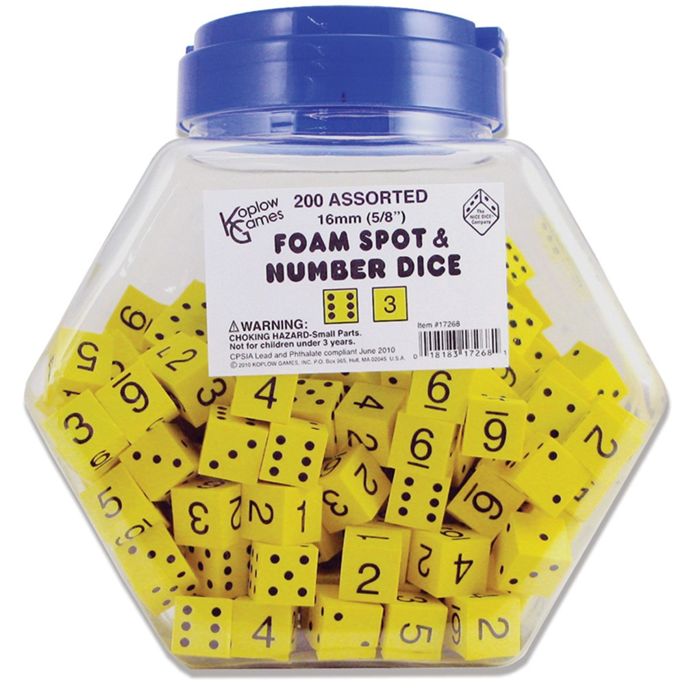 KOP17268 - 16Mm Foam Dice Tub Of 200 Yellow Spot & Number in Dice