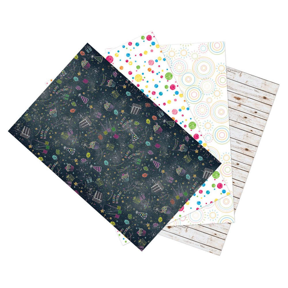 Photography Backdrop Paper, Assorted Birthday (1 ea.: Birthday, Multi-Colored Dots, Hopscotch Circles & White Washed Wood), 48" x 12', 4 Rolls - PAC2534 | Dixon Ticonderoga Co - Pacon | Bulletin Board & Kraft Rolls