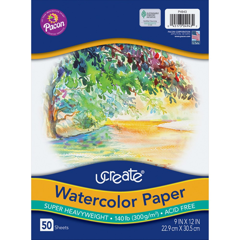 Watercolor Paper, White, Package, 140 lb., 9" x 12", 50 Sheets - PAC4943 | Dixon Ticonderoga Co - Pacon | Art