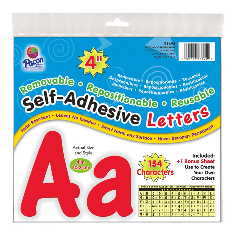Self-Adhesive Letters, Red, Cheery Font, 4", 154 Characters - PAC51694 | Dixon Ticonderoga Co - Pacon | Letters