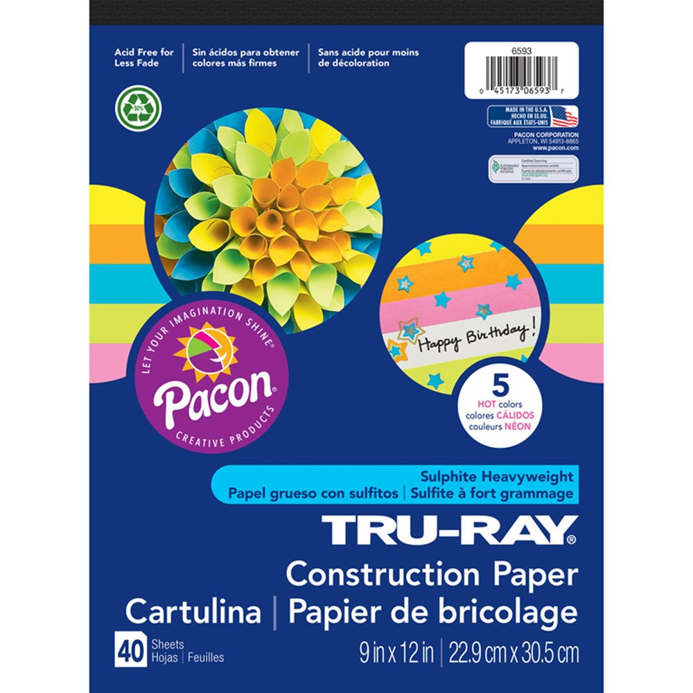 Construction Paper Pad, 5 Assorted Hot Colors, 9" x 12", 40 Sheets - PAC6593 | Dixon Ticonderoga Co - Pacon | Construction Paper