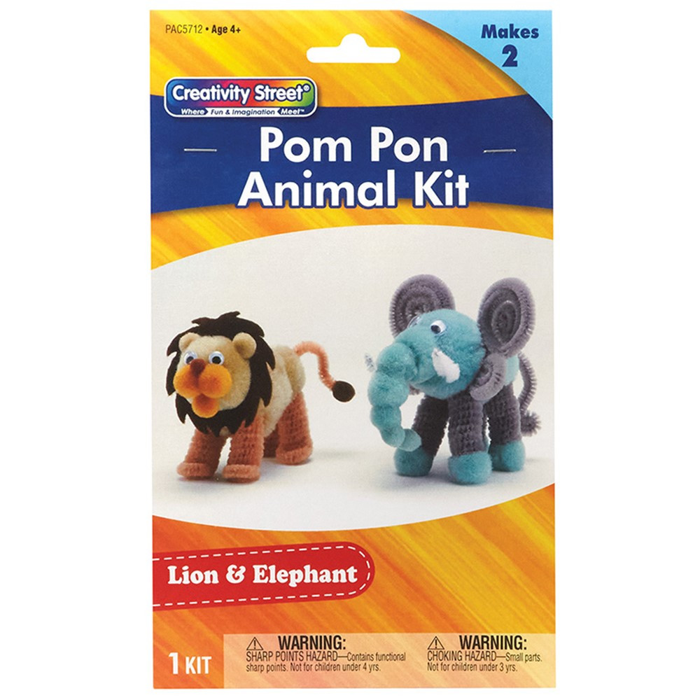 Pom Pon Animal Kit, Lion & Elephant, Assorted Sizes, 1 Kit Makes 2 Animals - PACAC5712 | Dixon Ticonderoga Co - Pacon | Art & Craft Kits