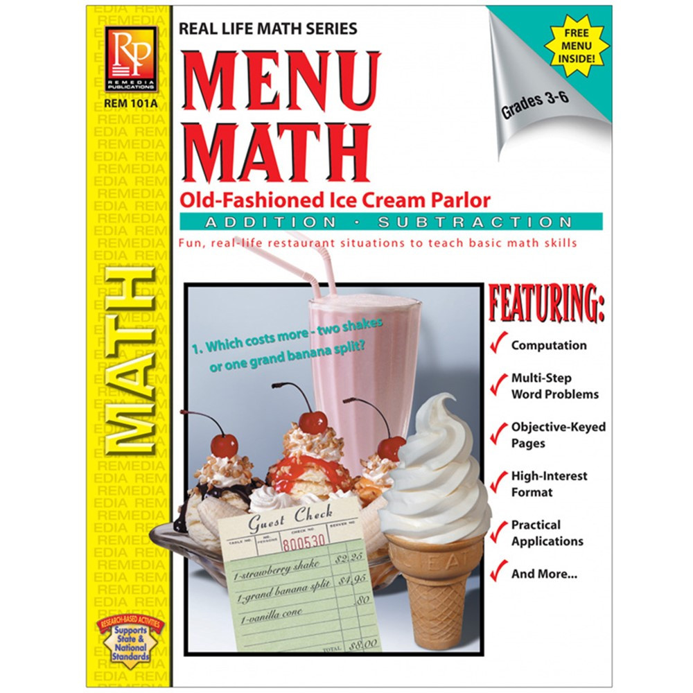 REM101A - Menu Math Ice Cream Parlor Book-1 Ream Parlor Book 1-Add & Subtract in Money