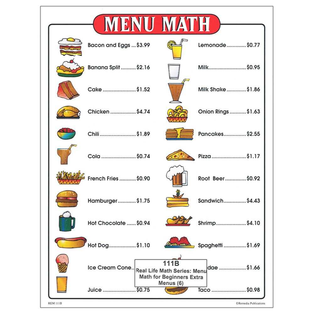 Menu Math For Beginners 6Pk Extra Price Lists REM111B Remedia Publications Creative Play