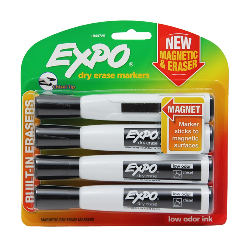 Magnetic Dry Erase Markers with Eraser, Chisel Tip, Black, 4-Count - SAN1944729 | Sanford L.P. | Markers