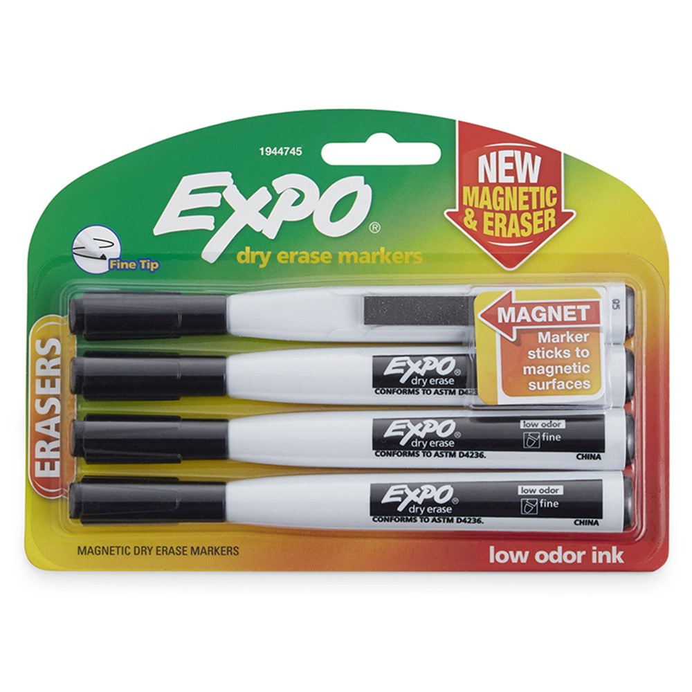 Magnetic Dry Erase Markers with Eraser, Fine Tip, Black, 4-Count - SAN1944745 | Sanford L.P. | Markers