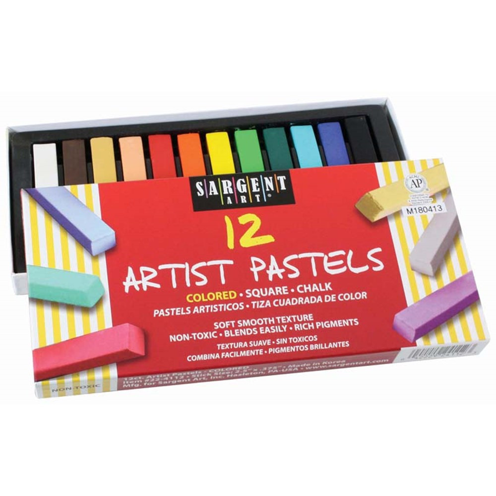 SAR224112 - 12Ct Assorted Color Artists Chalk Pastels Lift Lid Box in Pastels