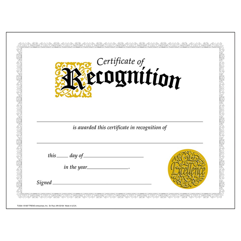 T-2564 - Certificate Of Recognition 30/Pk Classic 8-1/2 X 11 in Certificates
