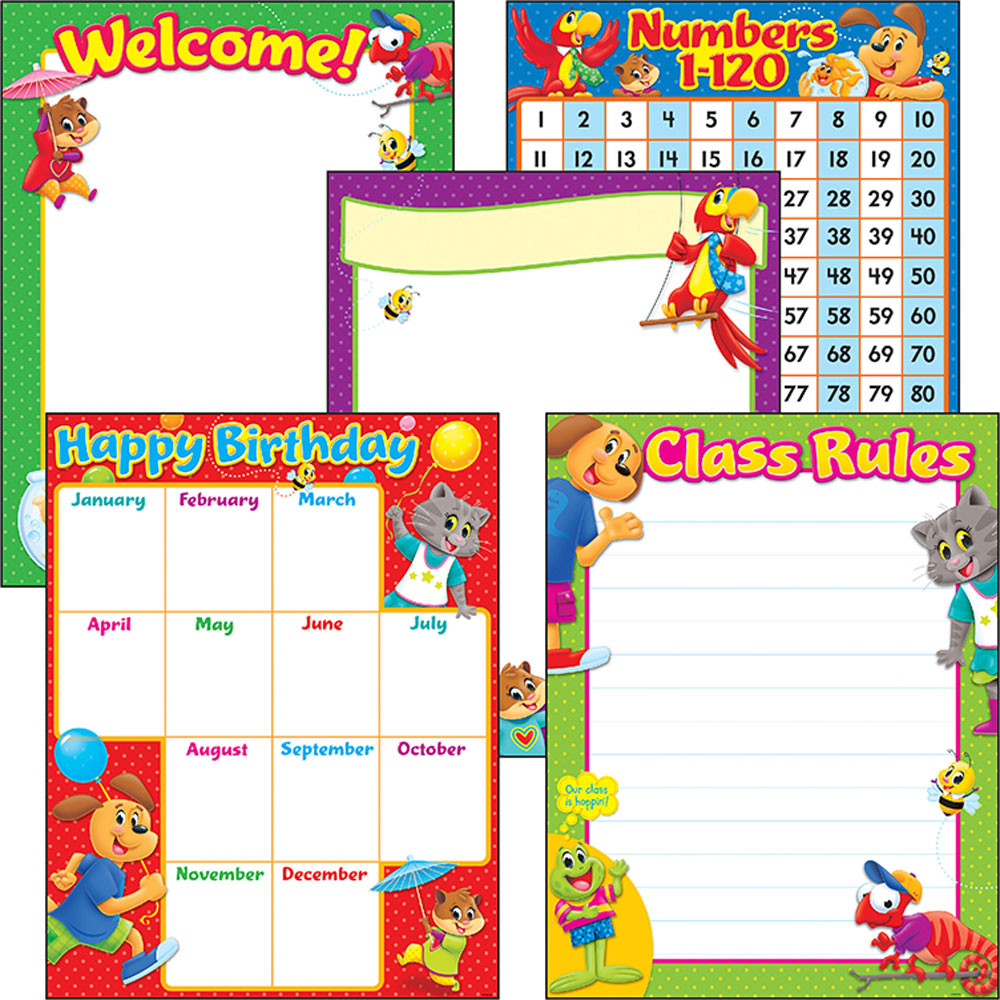 T-38965 - Playtime Pal Learning Chart Combo Pack Set Of 5 in Classroom Theme