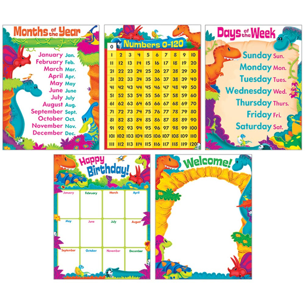 T-38975 - Classroom Basics Dino Mite Pals Learning Charts Combo Pack in Classroom Theme