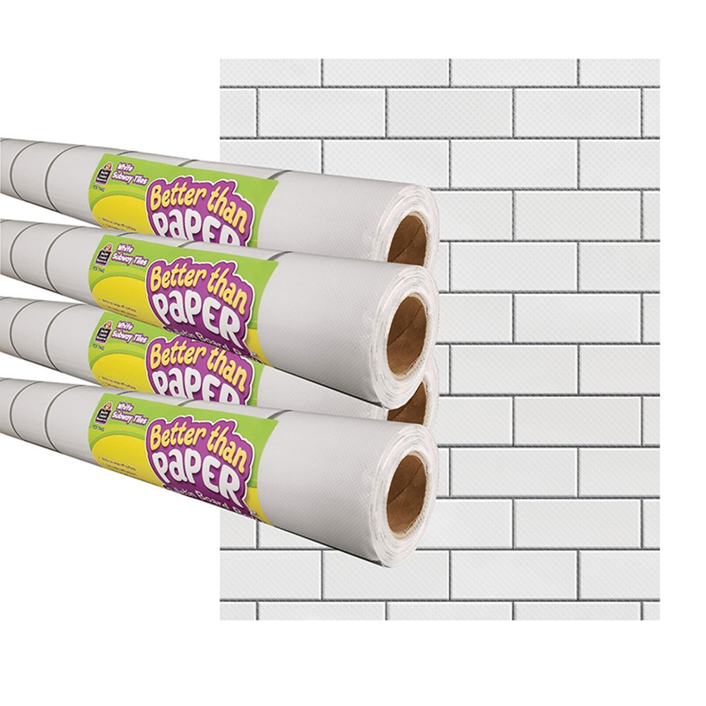 White Subway Tile Better Than Paper Bulletin Board Roll, 4' x 12', Pack of 4 - TCR32432 | Teacher Created Resources | Bulletin Board & Kraft Rolls