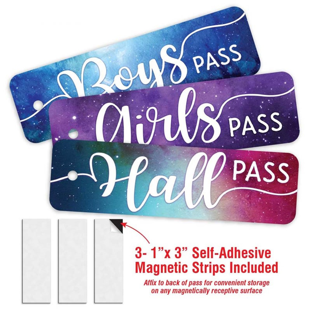 Galaxy Script Design- 3 Plastic Passes in each pack: 1-Boy, 1- Girl, 1- Hall - TOP10188 | Top Notch Teacher Products | Hall Passes