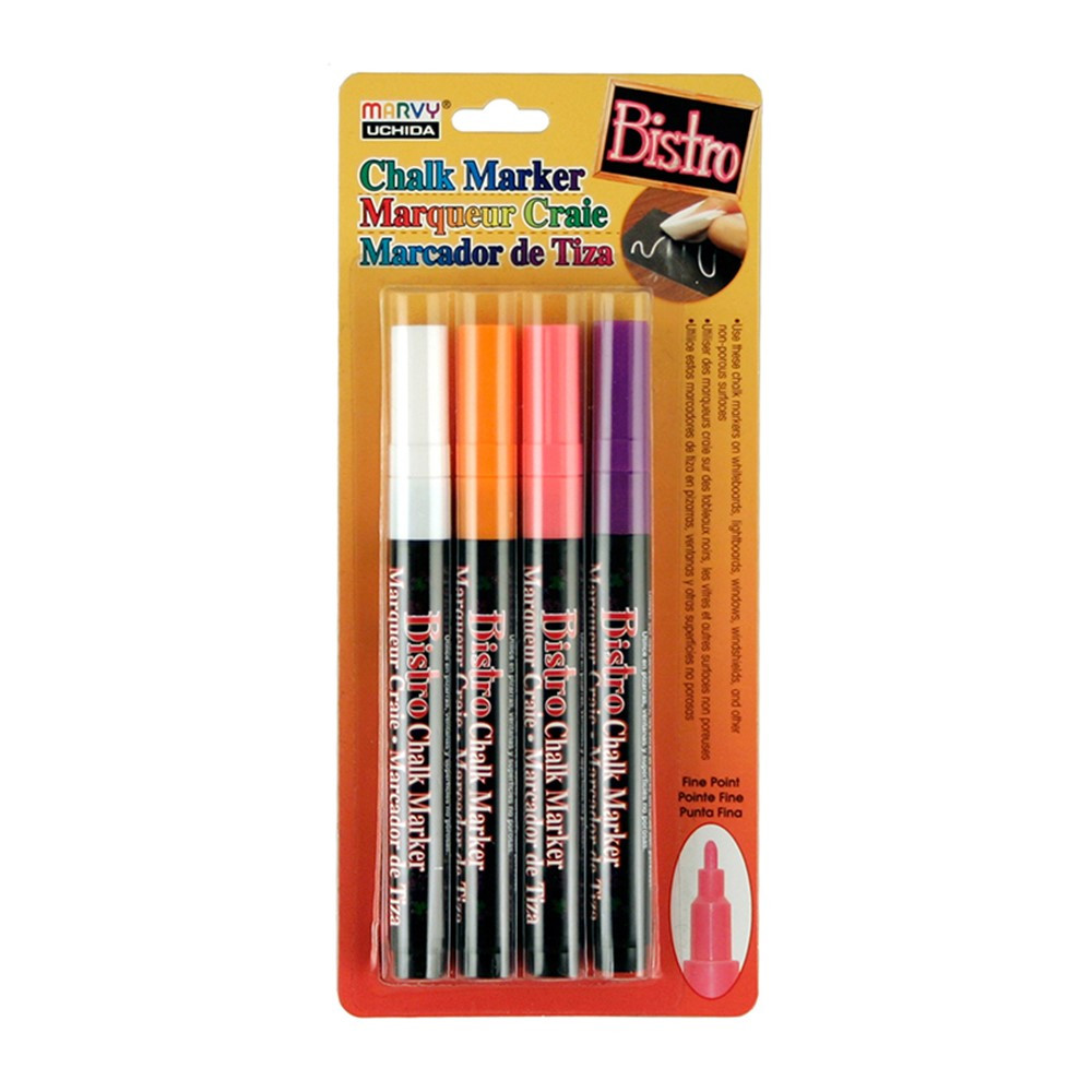 UCH4824H - Bistro Chalk Markers Fine Tip 4 Clr Set Wht Fluor Violet Org Red in Markers
