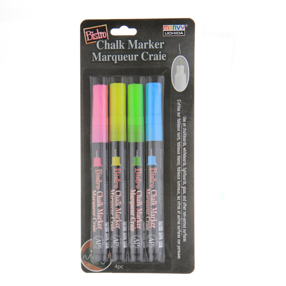 Bistro Chalk Markers, Extra Fine Tip 4-Color Set, Fluorescent Pink, Blue, Green, Yellow - UCH4854A | Uchida Of America, Corp | Markers
