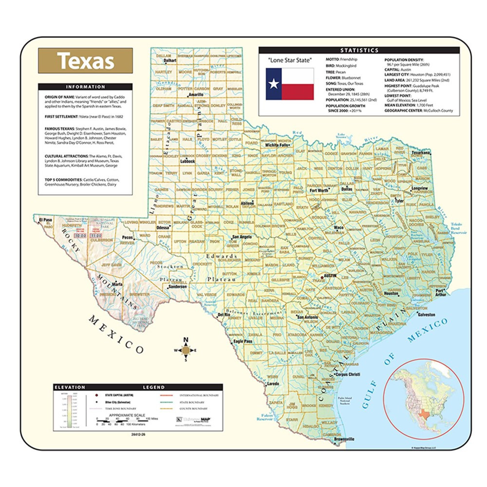 UNI28412 - Shaded Relief Map Rolled Texas in Maps & Map Skills