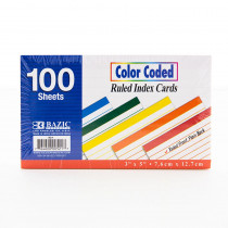 Ruled Color-Coded Index Cards, 3" x 5", 100 Ct - BAZ521 | Bazic Products | Index Cards