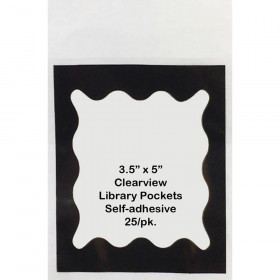 Clear View Self-Adhesive Library Pockets, 3 1/2" x 5", Clear with Black Scallop Border