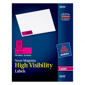 High-Visibility Labels, Permanent Adhesive, Neon Magenta, 1" x 2-5/8", 750 Labels