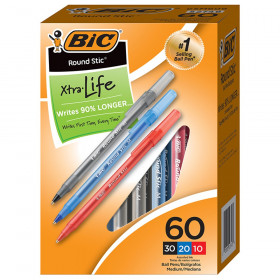 Round Stic Xtra Life Ballpoint Pens, Medium Point (1.0mm), Assorted, Box of 60