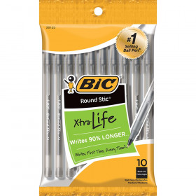 Round Stic Xtra Life Ballpoint Pen, Medium Point (1.0mm), Black, Pack of 10