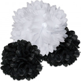 Black and White Pom-Poms Dimensional Accent, Set of 3