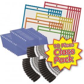 Dry Erase Pocket Class Pack, Dry Erase Pockets, Dry Erase Cloths and Dry Erase Markers, Pocket Style w/Bullet Tip, Black, 90 Pieces