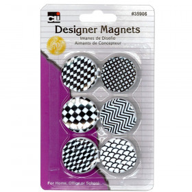 Magnets - Designer Button Style, Super Strong - Assorted Designs, Black/White - 6/Cd