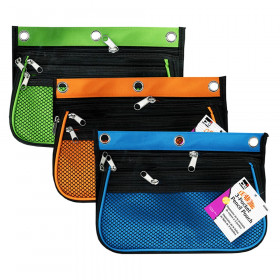 3 Pocket Pencil Pouch, Expanding to 2.25", 10.25"W x 7.25"H x 2.5"D - Assorted Colors, Pack of 3