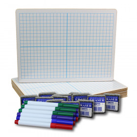 Two-Sided Dry Erase Boards, XY Axis/Plain, 9" x 12", with Colored Pens & Erasers, Class Pack of 12
