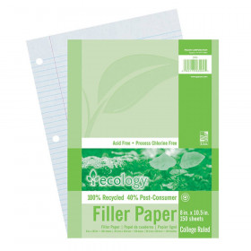 Recycled Filler Paper, White, 3-Hole Punched, 9/32" Ruled w/ Margin 8" x 10-1/2", 150 Sheets