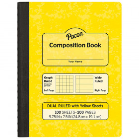 Dual Ruled Composition Book, Yellow, 1/4 in grid and 3/8 in (wide) 9-3/4" x 7-1/2", 100 Sheets