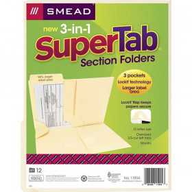 Smead 3-in-1 SuperTab Section Folder, 1/3-Cut Oversized Tab, Letter Size, Manila, 12 Per Pack