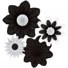 Black and White Paper Flowers, Pack of 4
