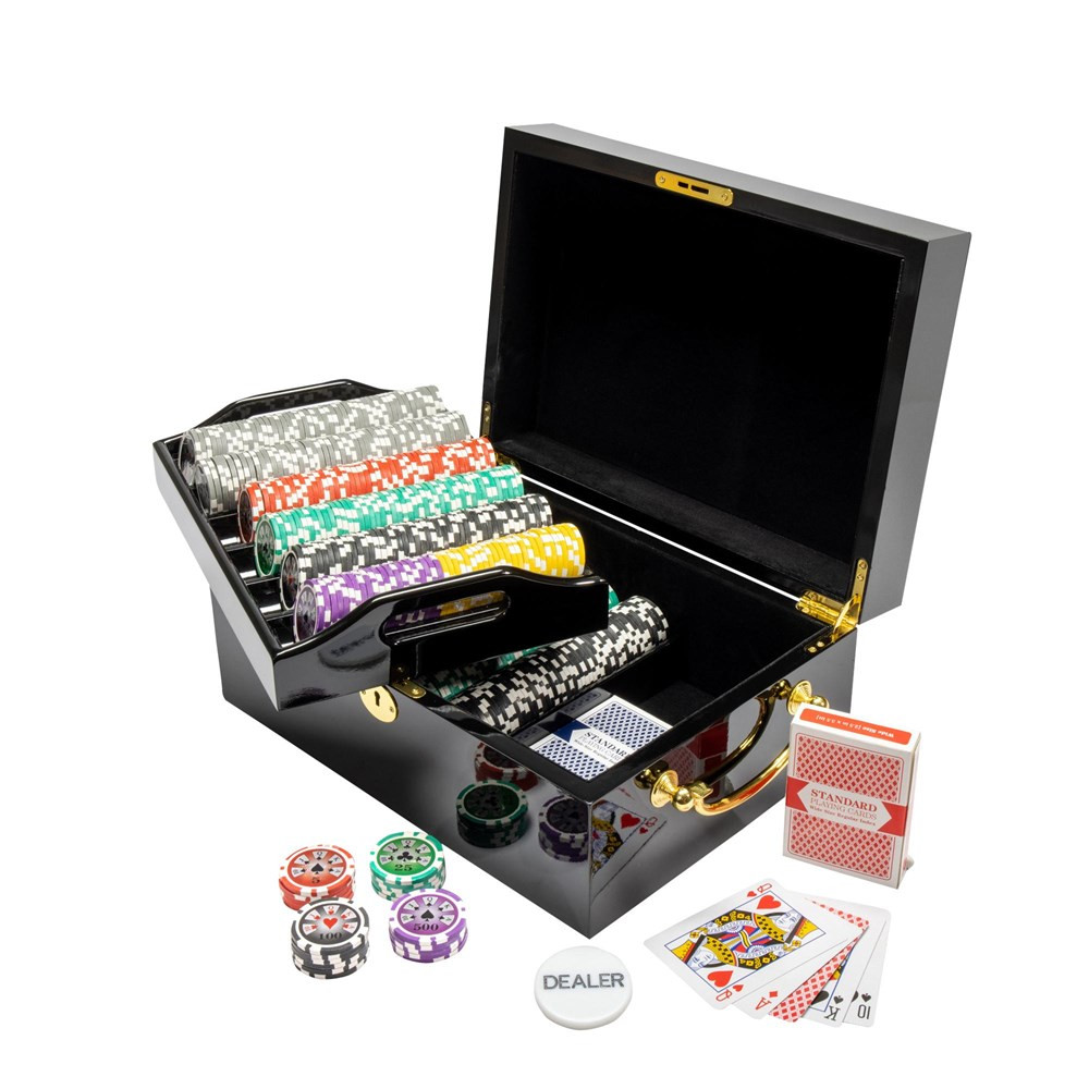 500 Ct Hi Roller 14 Gram Poker Chip Set w/ Black Mahogany Wooden Case