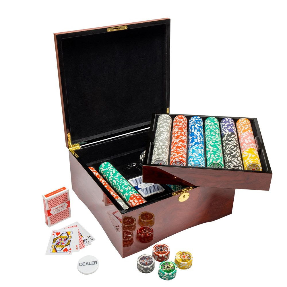 750 Ct Hi Roller 14 Gram Poker Chip Set w/ Mahogany Wooden Case