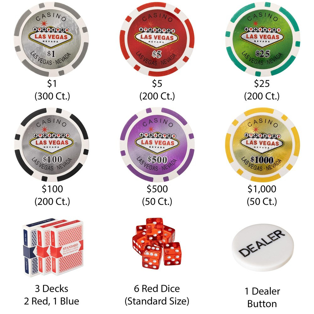 1000 Ct Las Vegas 14 Gram Poker Chip Set w/ Rolling Aluminum Case