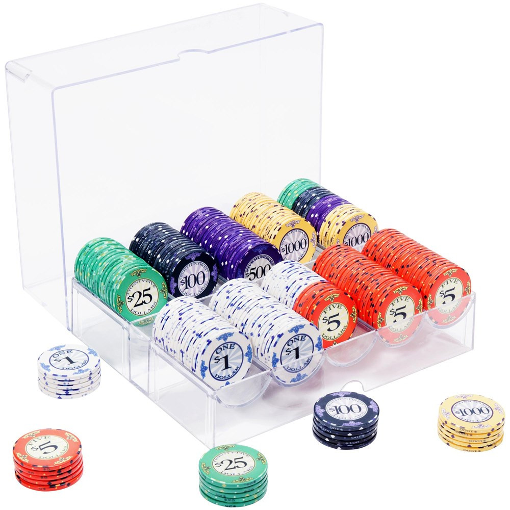 200 Scroll Ceramic Casino Poker Chips & Acrylic Tray