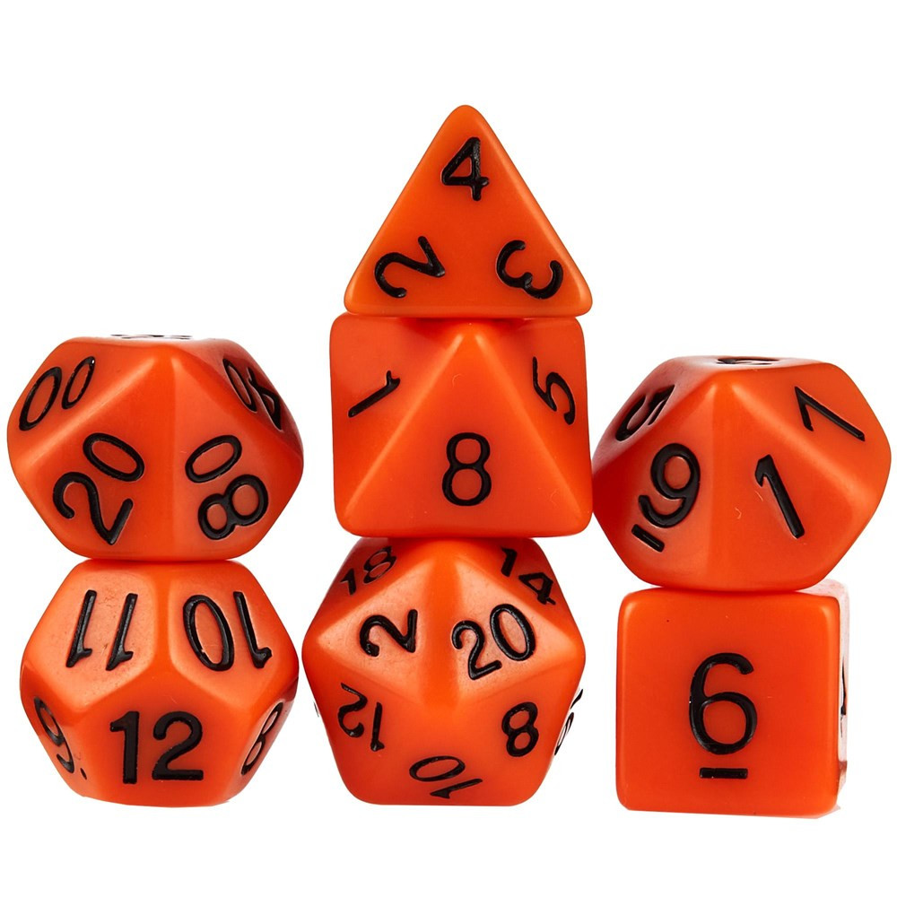 7 Die Polyhedral Dice Set in Velvet Pouch- Opaque Orange