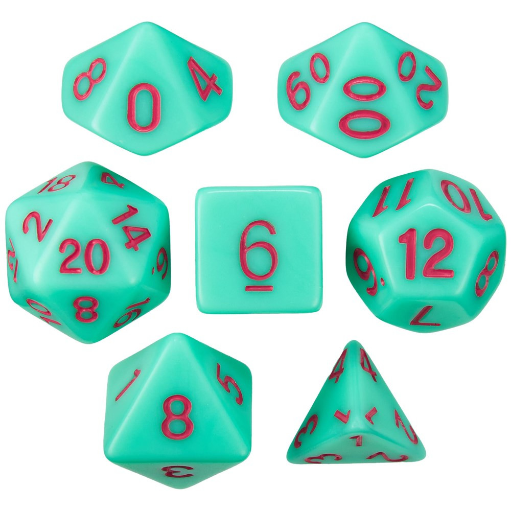 Set of 7 Dice - Mystic Matcha - Solid Green with Red Paint