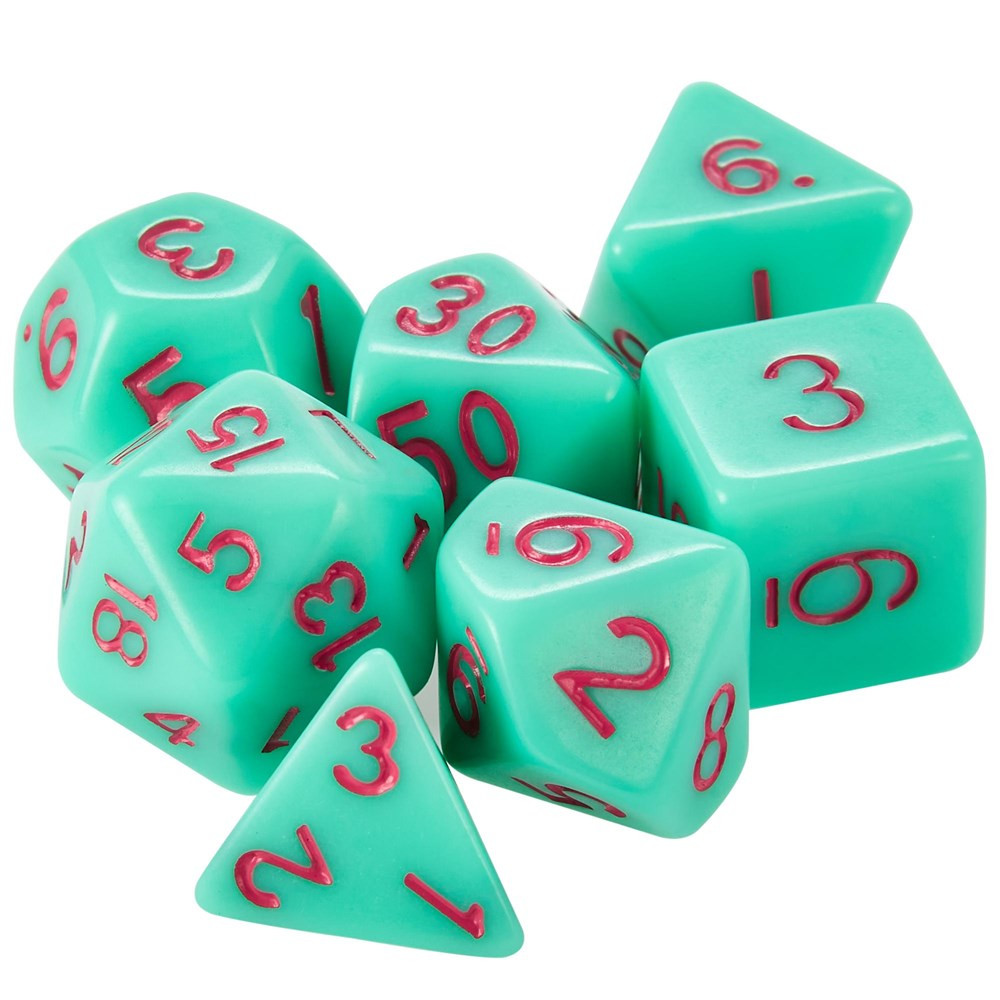 Set of 7 Dice - Mystic Matcha - Solid Green with Red Paint