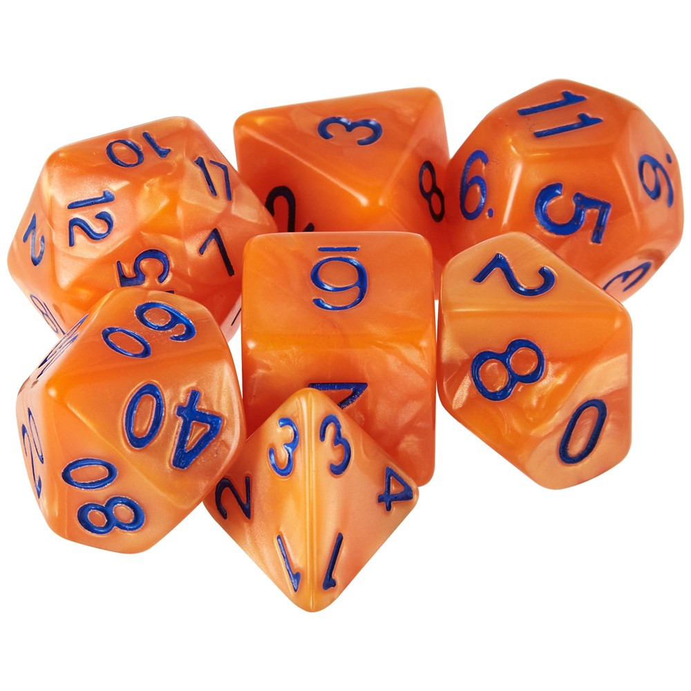 Set of 7 Dice - Kingfisher - Pearlized Orange with Blue Paint